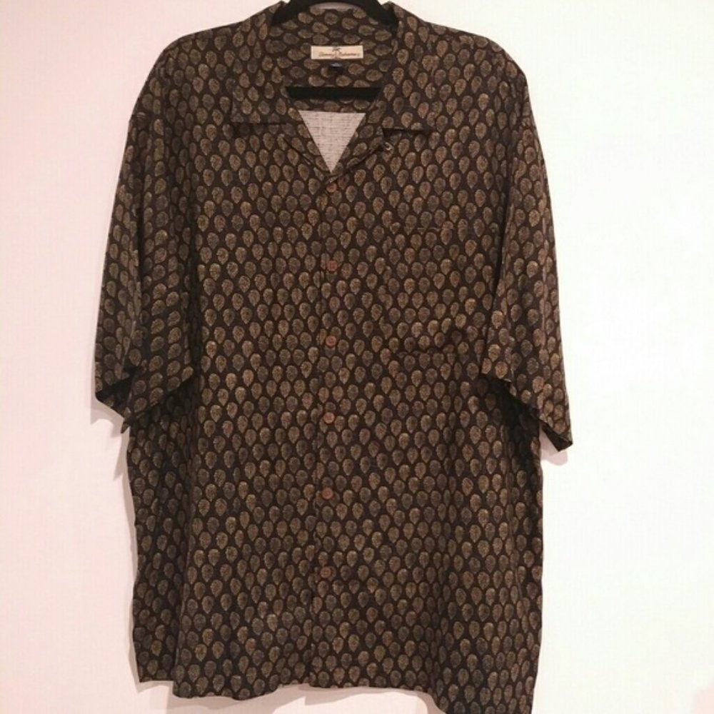 Tommy Bahama Mens Silk Button Down Shirt size large black short sleeve vacation